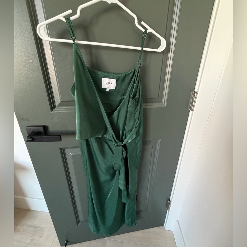 J.O.A. Deep Green Satin Wrap Midi Dress with Tie
